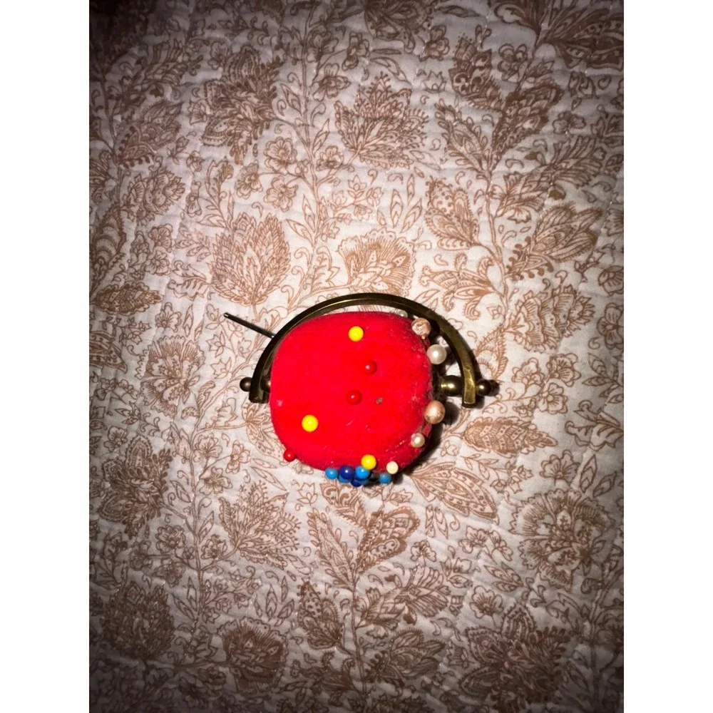 Vintage Red Tomato Pin Cushion Brass Swivel Frame Sewing Notion with Pins